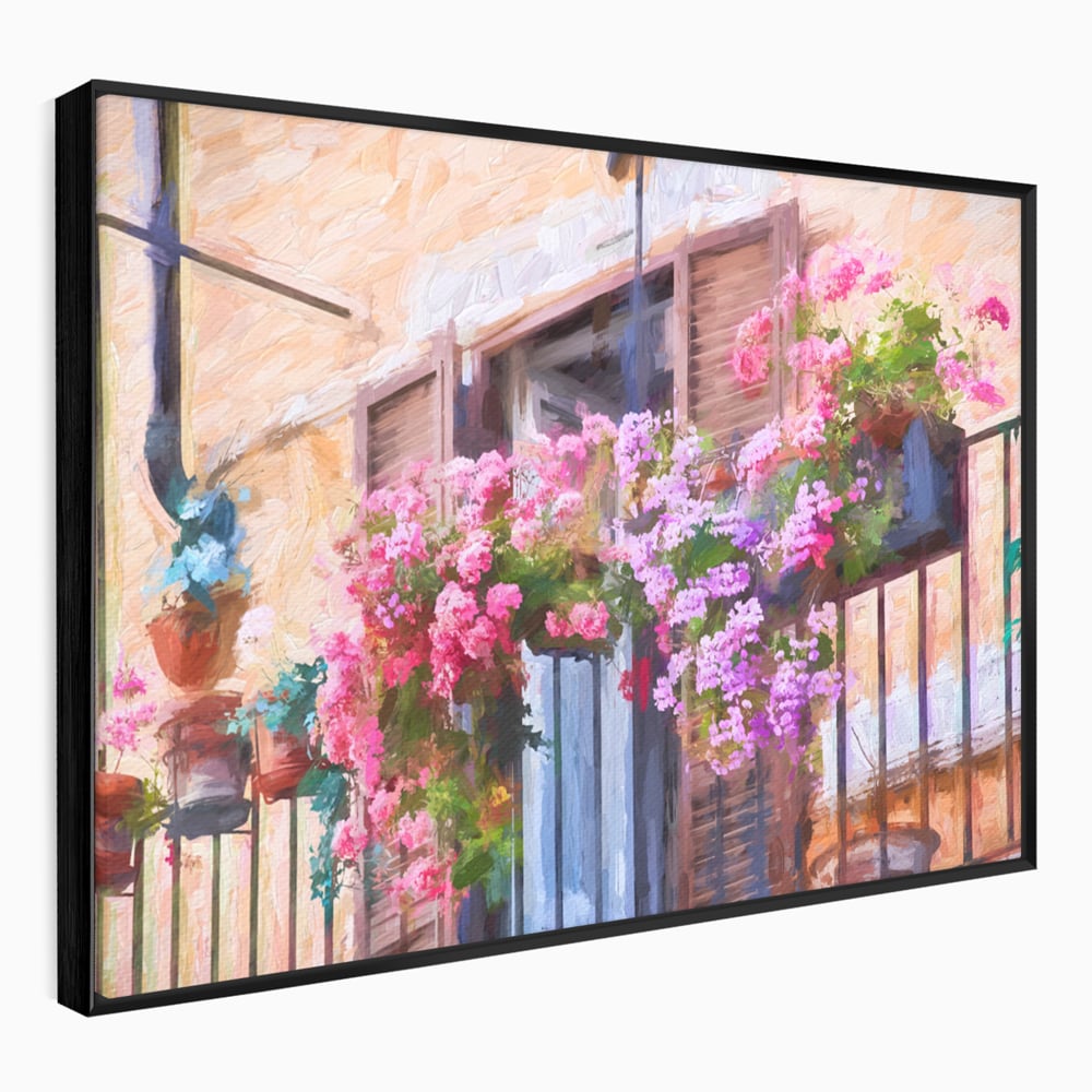 Tablou canvas cu pictura cu balcon plin de flori roz, in rama de aluminiu negru